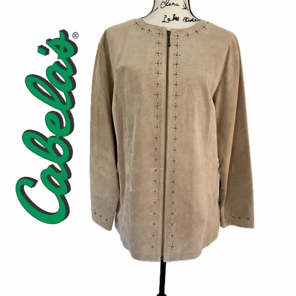 Cabela's‎ Blazer Studded Full Zip Suede Leather Tan Sz L Boho western Core